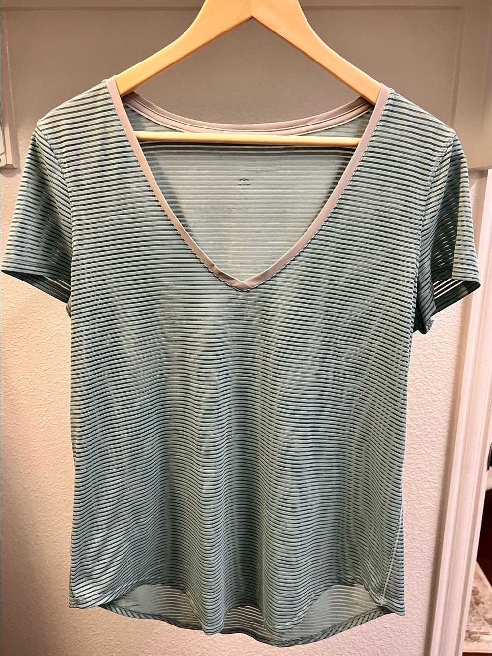 lululemon athletica Light Green Striped V-Neck Short Sleeve Top